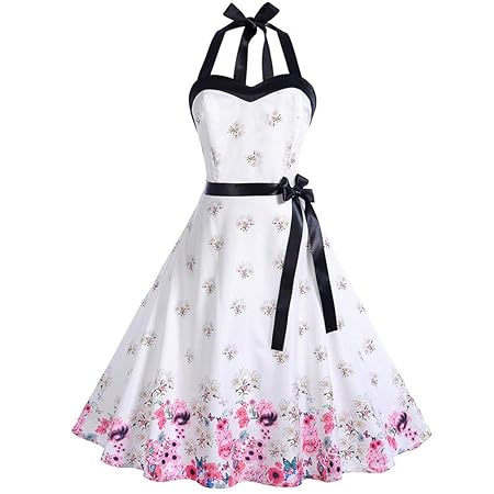 Sommerkleid Chic ärmellos Neckholder Rockabilly 50er Vintage Retro Kleid Petticoat Faltenrock (M, Weiß)