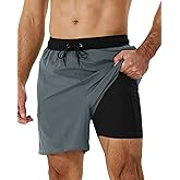 SILKWORLD Mens Swimming Trunks with Compression Liner 2 in 1 Quick-Dry Swim Shorts with Zipper Pockets