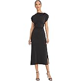 Maggy London Women's Midi Sheath Dress with Boat Neckline Cap Sleeves Ruched Waist Detail Side Slit Techno Jersey