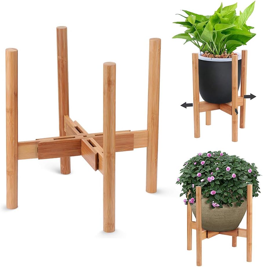AmazeFan Adjustable Plant Stand, Mid-Century Bamboo Flower Pot Holder Fits up to 12