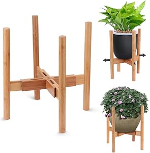 AmazeFan Adjustable Plant Stand, Mid-Century Bamboo Flower Pot Holder Fits up to 12