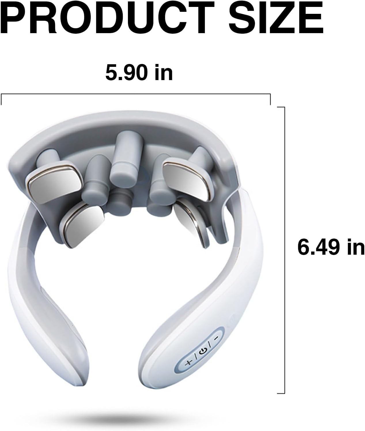 Diagram showing the product dimensions of the neck massager: 5.90 inches wide and 6.49 inches high.