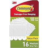 Command Medium (10 lb) Picture Hanging Strips, 16 Pairs (32 Strips) | White Picture Hanging Strips, Damage-Free Wall Hangers for Frames, No Tools Required, Ideal for Decorating Apartments, Dorms