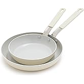 GreenPan x Bobby Flay 2 Piece- 8” and 10” Nonstick Frying Pan Skillet Set, PFAS-Free Diamond Ceramic, Induction Suitable, Stay-Cool Silicone Handle, Easy Clean Dishwasher & Oven Safe, Cream