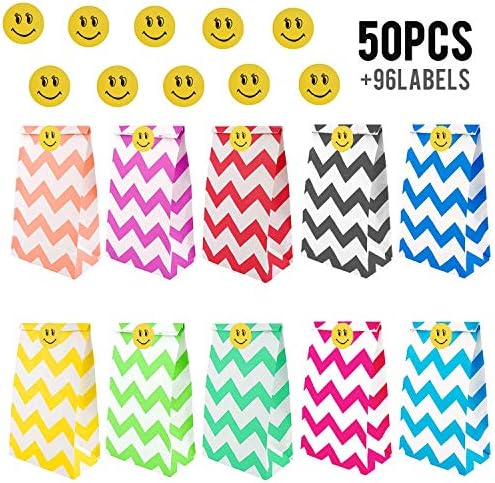 JUSUNG 50 Pcs Paper Party Bags Small Gift Favor Bag Wave Stripe Pattern with 96 Smile Face Stickers for Kids Adults' Birthday Supplies