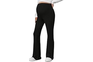 BEAUDRM Women's Maternity Casual Adjustable High Waist Solid Flare Leg Ribbed Knit Pants Trousers
