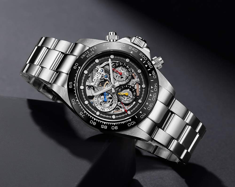 LOREO Mens Automatic Watch Skeleton Hollow Out Dial Sapphire Crystal Mechanical Self-Winding Silver Stainless Steel Waterproof Watch