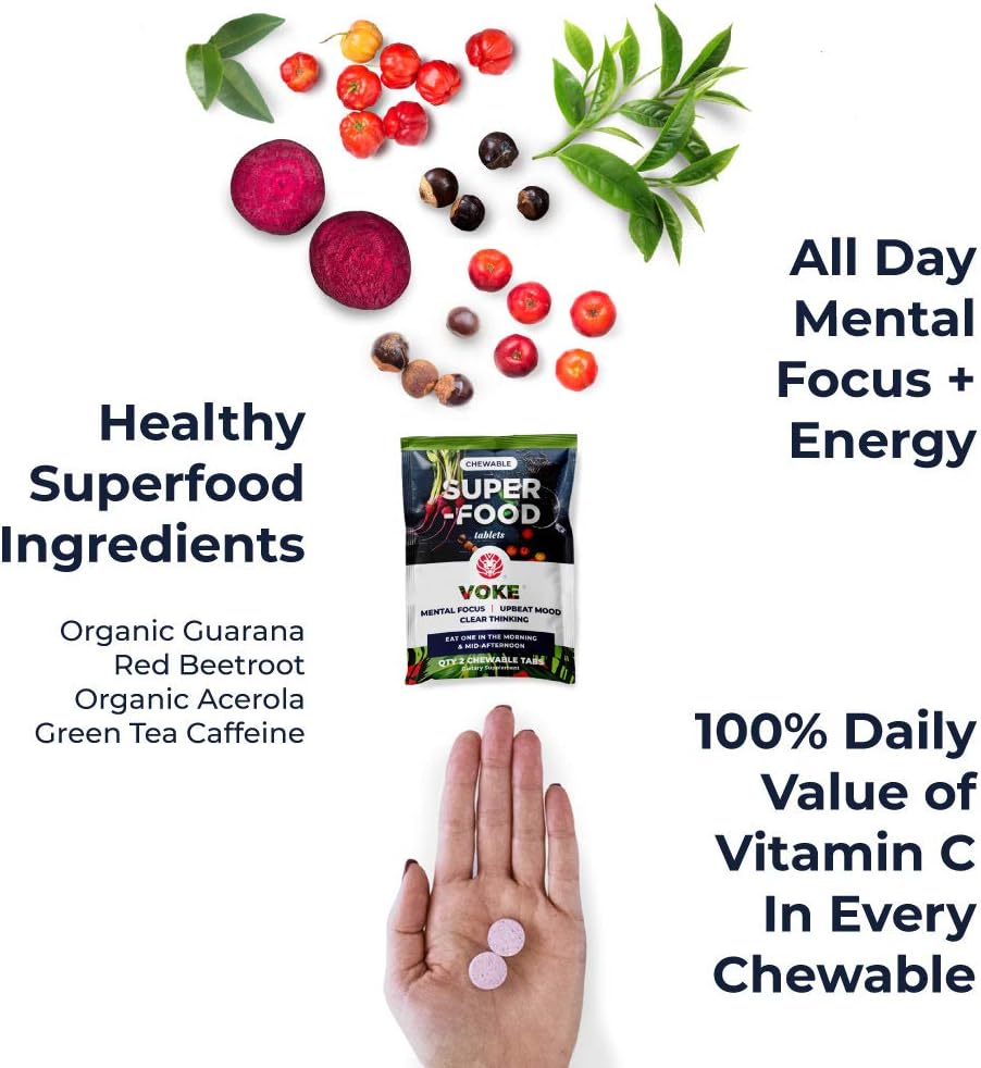 Voke Energy | Jitter-Free, All-Day Packs for Energy, Mental Focus, Upbeat Mood and Clear Thinking | 60 Chewable Superfood Tablets with Vitamin C Antioxidants | 30 Day Supply: Health & Personal Care