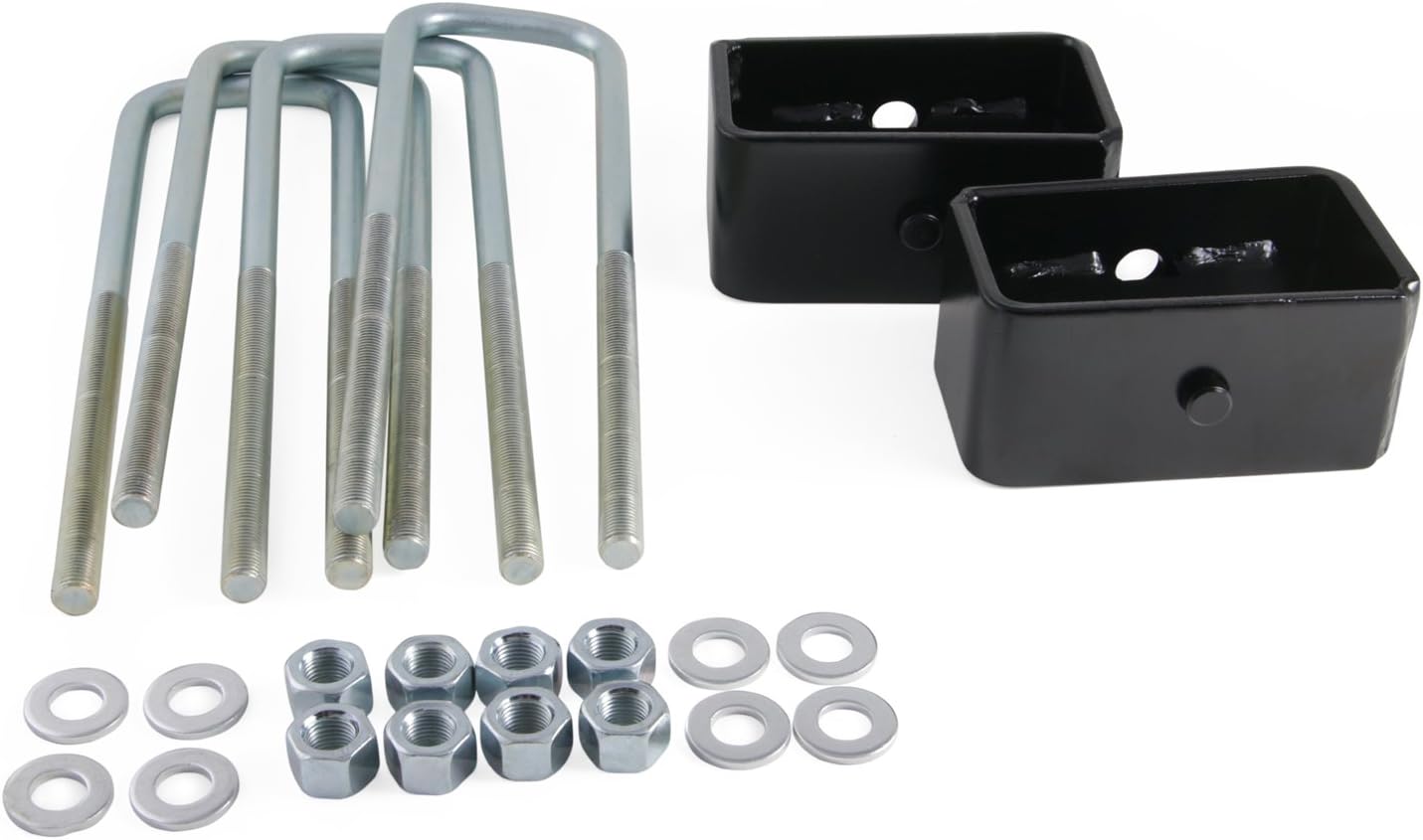 RockTrix Rear Lower Leveling Kit with U-Bolts - 2 inch Lift - Compatible with 2007-2017 Chevrolet Silverado 1500 and GMC Sierra 1500 - Black Steel Spacers Suspension Blocks