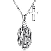 ANGSAU Virgin Mary Necklace Sterling Silver Cross Pendant Religious Mary Mother of God Jewelry Gifts for Women