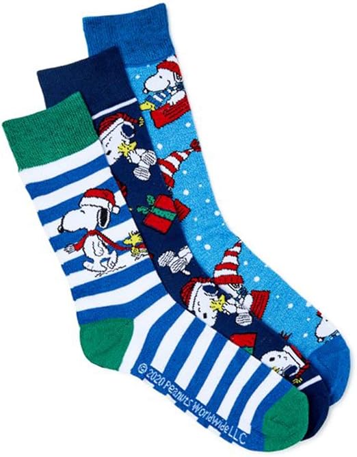 Peanuts Snoopy Woodstock Holiday Christmas Mens Crew Socks 3 Pack