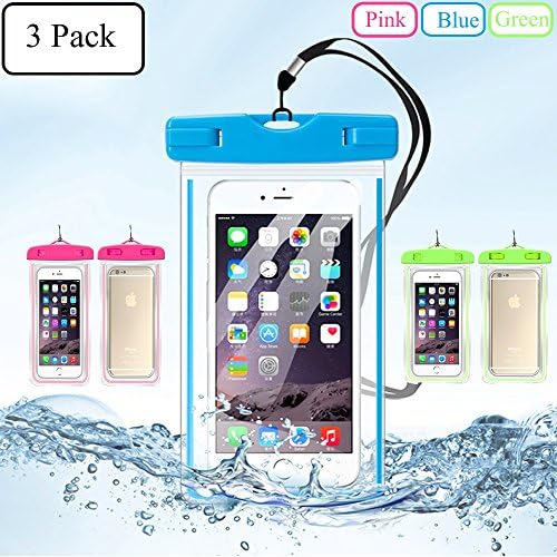 iPhone Waterproof Case,Waterproof Bag,3 Pack Noctilucent Cellphone Underwater Dry Pouch Waterproof Cases Cover for iPhone 7 7Plus 6S 6SPlus up to 5.8''-Pink Blue Green
