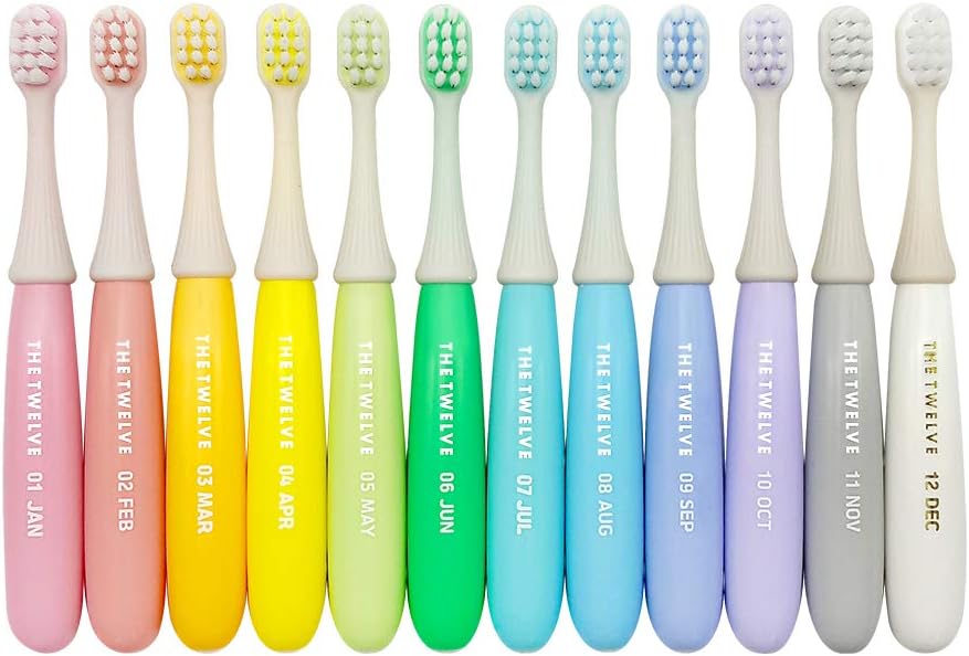 The Twelve Step2 Toddler Toothbrush Pastel – (Monthly Replacement Reminder), (Korean BBC Bristles), (12 Fun Rainbow Colors), Soft Tooth Brush for Ages 1-3, 12-Pack