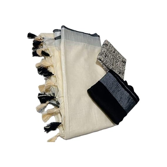 Women's Linen Slub Saree with 2 Blouse Piece SMO34 (ZMO116, Off-White)