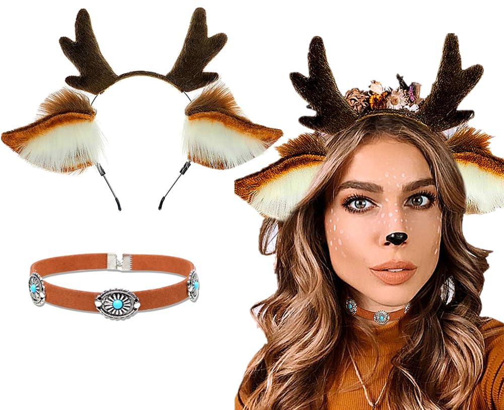 LaVenty Furry Deer Horn Headband Reindeer Accessories Reindeer Horn Headband Deer Costume Christmas Cosplay
