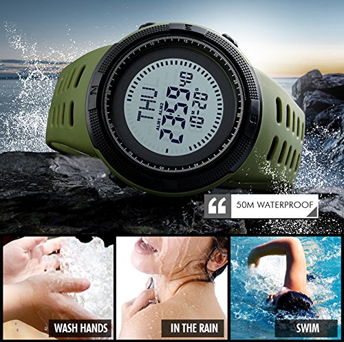 Men's Outdoor Survival Sports Digital Led Watches With Compass 5ATM Water Countdown 3 Alarm Stopwatch (Army Green)