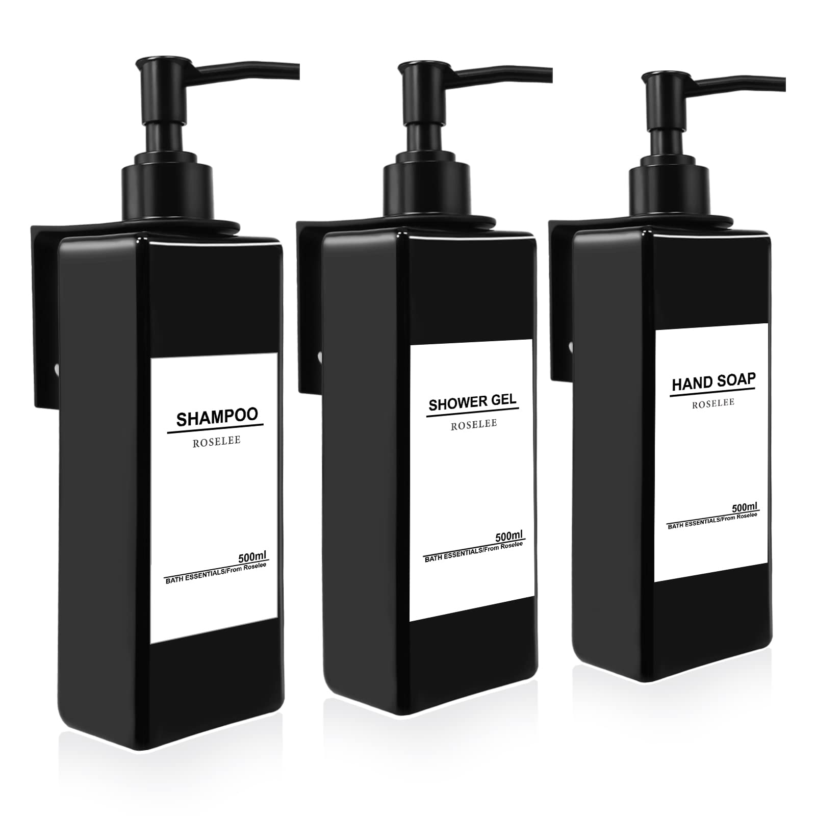 Roselee Soap Dispenser Wall Mounting Set 500 ml Soap Dispenser Wall Black Soap Dispenser No Drilling Plastic Pump Dispenser with Funnel and Waterproof Labels for Kitchen Bathroom