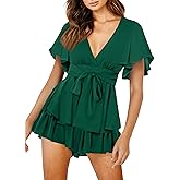 Relipop Women's Floral Rompers Jumpsuits V Neck Short Baggy Sleeve Waist Tie Double Layer Ruffle Hem Romper 2026 Trendy