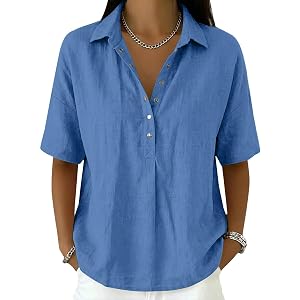 Women Cotton Linen Henley Shirt Short Sleeve Button V Neck Loose Fit Gauze Tops Beach Vaction Shirts