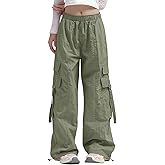 Haloumoning Girls Parachute Pants Kids Wide Leg Cargo Pants Y2K Street Trousers with Pockets 5-14 Years