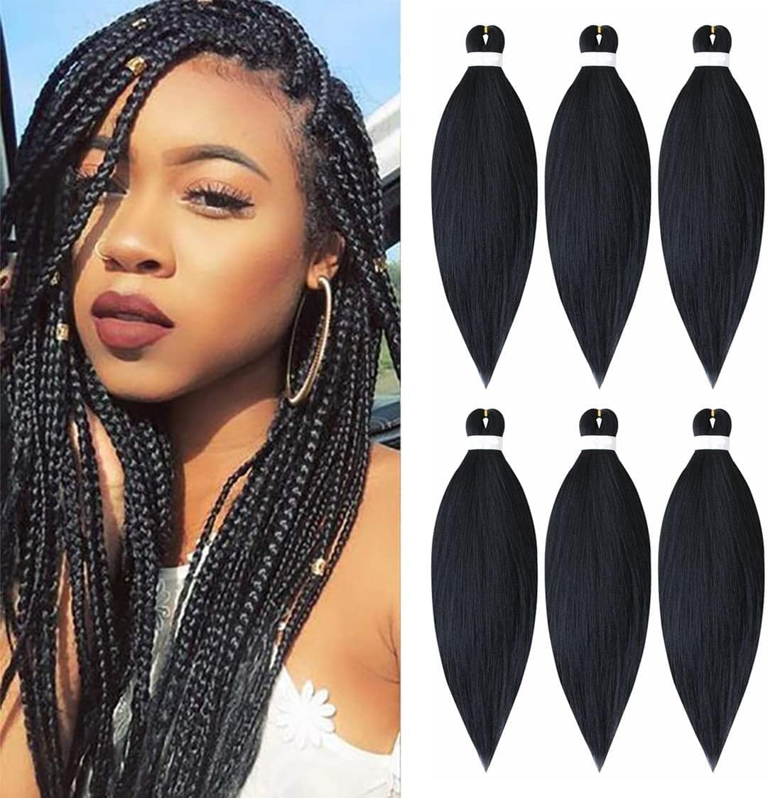 DT CHERYL Pre Stretched Braiding Hair, 6 Pack Black Braided Hair extension 26 inches Synthetic EZ Braid Hot Water Styling Braid Yaki Texture Pre-stretched Hair for Braiding Braids 1B