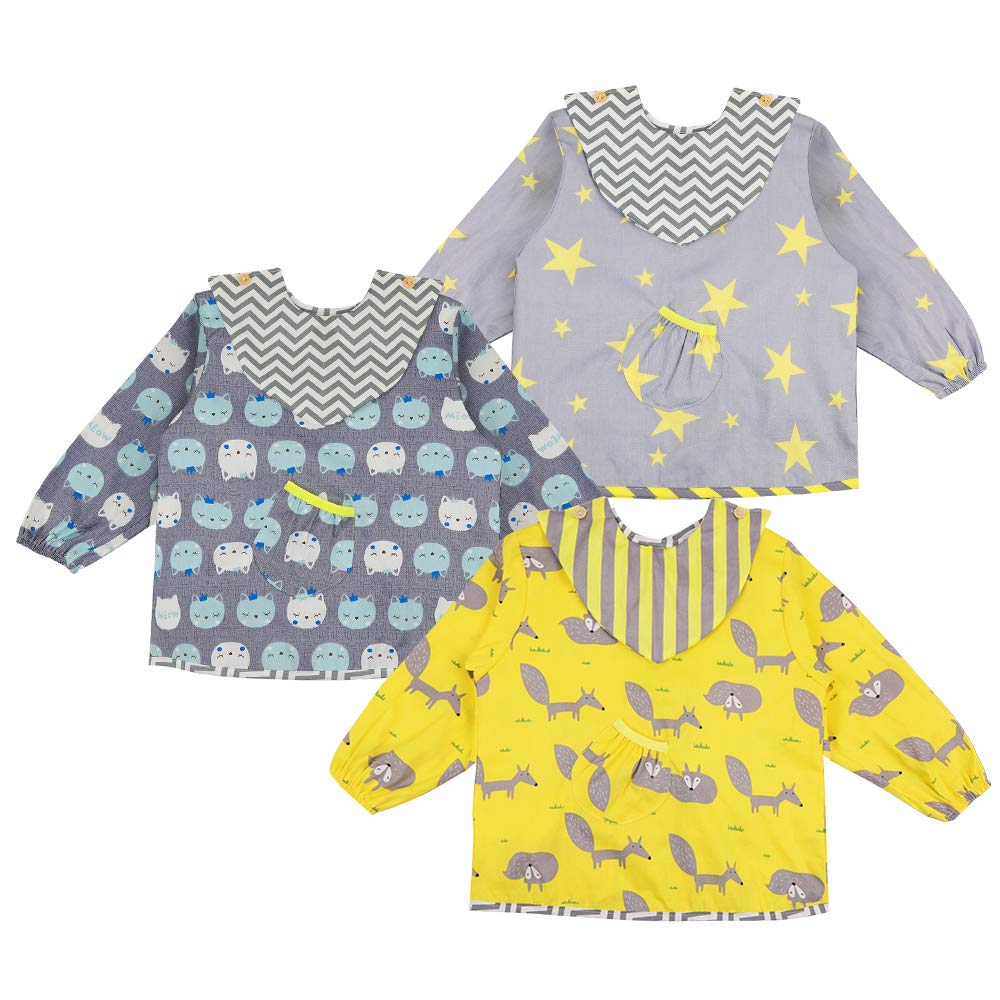 Lictin Baby Lätzchen mit Ärmeln 3 Set Baumwolle Lätzchen Wasserdicht Baby Lätzchen Bibs Set für 0-24 Monaten