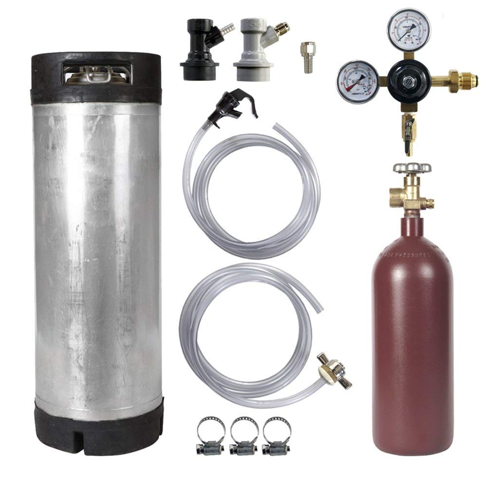 Keg Kit - 5 Gallon Ball Lock Keg, 20 cuft Steel Nitrogen Cylinder, Regulator, and All Accessories