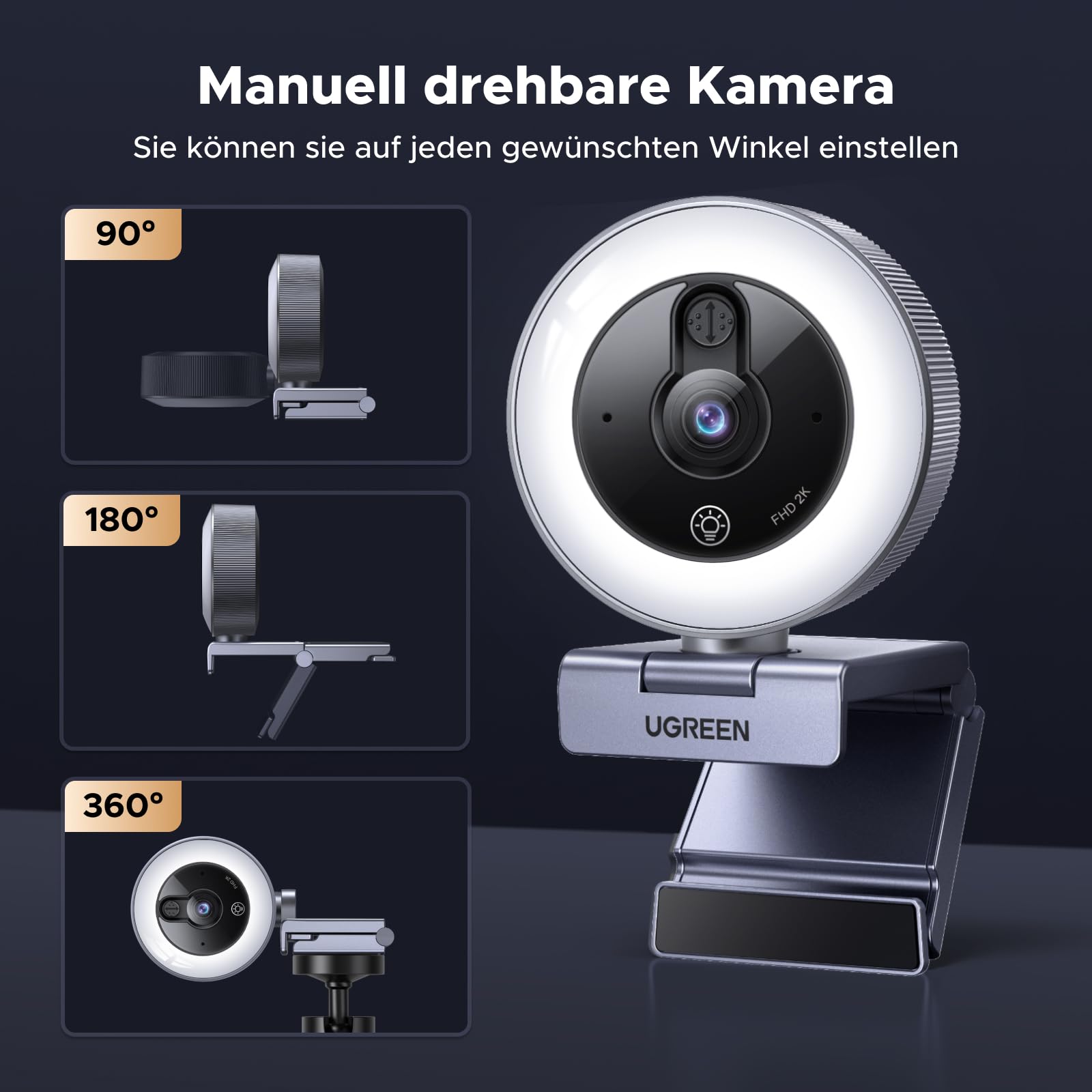 UGREEN FineCam Lite 2K Webcam mit Ringlicht PC Kamera mit mikrofon Streaming Kamera mit Abdeckung Fixfokus 4 Fülllichtstufen 80°FOV USB-A/C Anschluss Kompatibel mit PC/Laptop/Windows/Mac/Linux/Skype 7