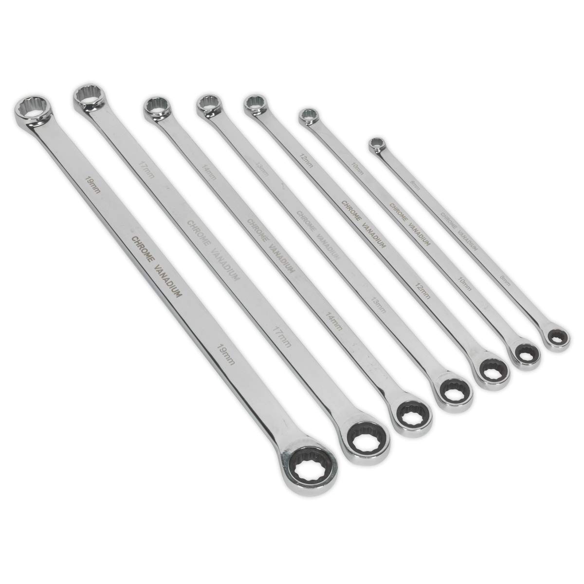 Sealey Ak6319 Double Ring Ratchet/Fixed Spanner Set 7Pc Extra-Long Metric