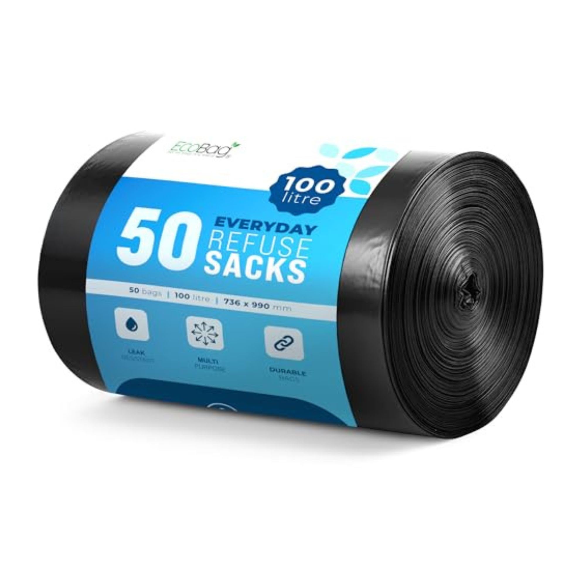 EcoBag - 50 Pack Everyday Refuse Sacks - Recyclable Bin Bags, Leak Resistant, Eco-Friendly, Durable Waste Disposal Bags for Kitchen, Office Waste & Light Rubbish, 30 Micron (Μm) /100l
