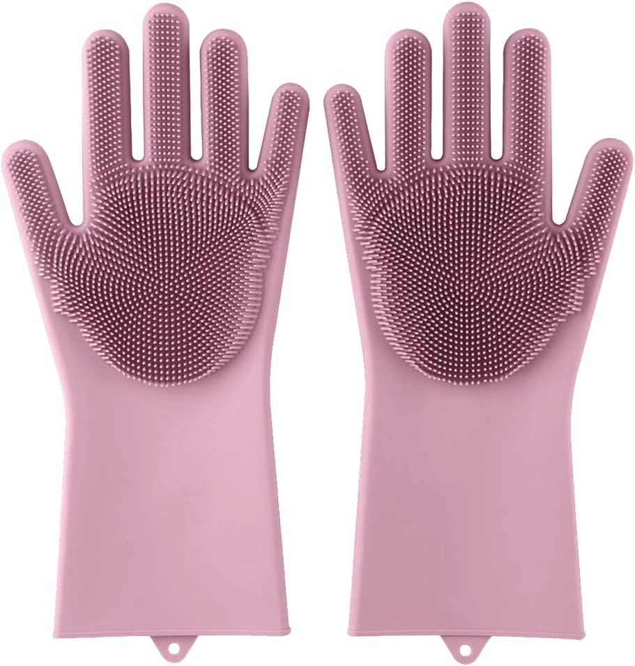 Magic Silicone Latex Gloves, 1 Pair Reusable Heat Resistant Thickening Gloves with Wash Scrubber Brushes, Household Rubber Cleaning Tool for Kitchen, Bathroom, Dishwashing, Car, Pet and More - Pink
