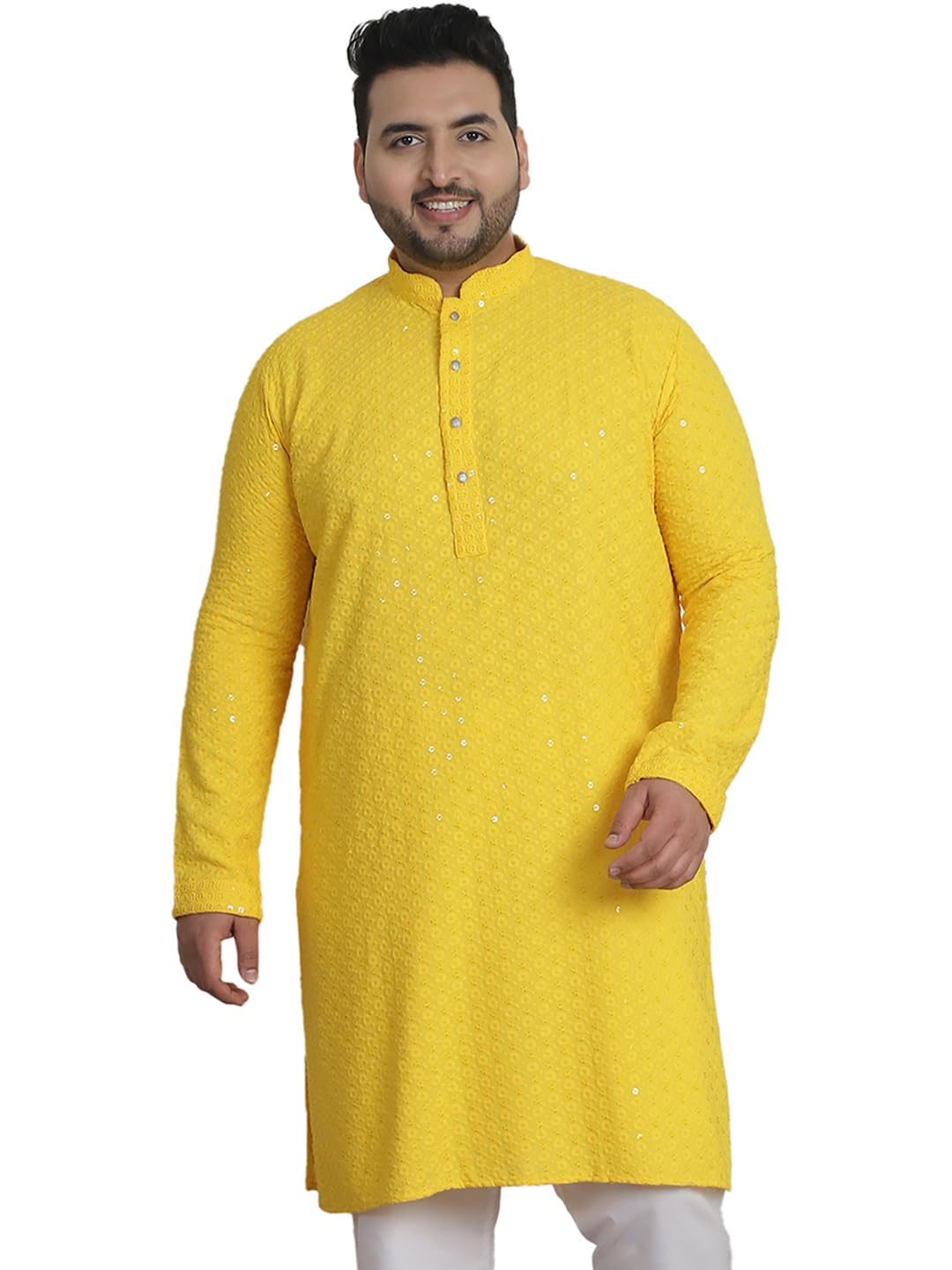 Photo 1 of Sojanya PLUS (Since 1958) Men's Cotton Sequinned Embroidered Yellow Long Kurta