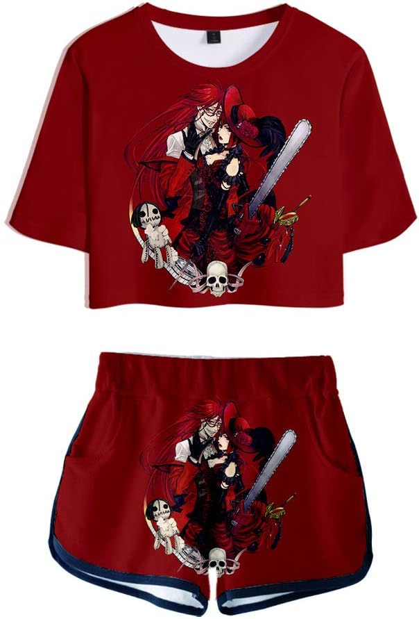 worclub Anime Black Butler 3D Sexy Navel Short T-Shirt and Shorts Sportswear Set for Girl/Women