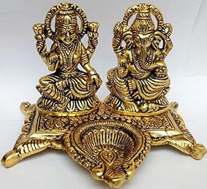 Decor And Art White Metal Golden Oxidized Laxmi Ganesh Ji Choki with Diya (Oil Lamp) Decorative Diwali Home Decoration & Gift Item