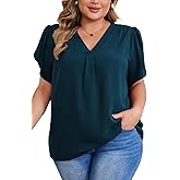 Women's Plus Size Casual Blouses Solid Business Work Tops Petal Short Sleeve V Neck Loose Fit T Shirt Summer Trendy 2026