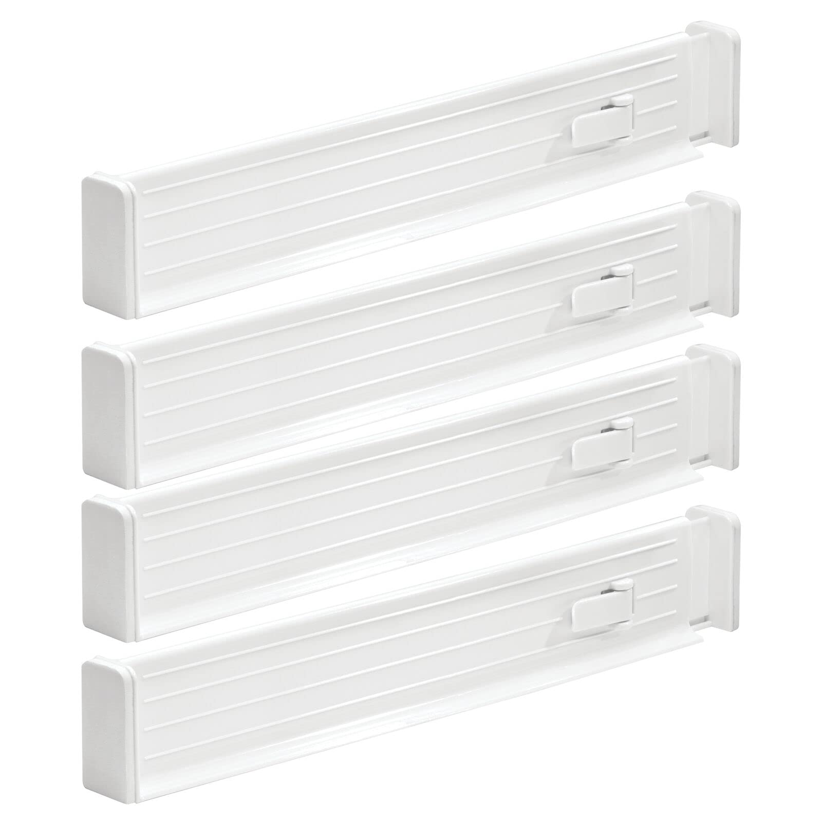 Photo 1 of mDesign Expandable Dresser Drawer Divider with Foam Ends, Drawer Divider Locks in Place, Separators for Clothing and Accessories in Closet or Dresser Drawer, Ligne Collection, 4 Pack, White