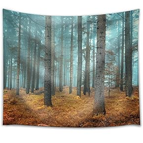 Orange Leafy Ground on a Forest in a Blue Misty Day - Fabric Tapestry, Home Decor - 51x60 inches