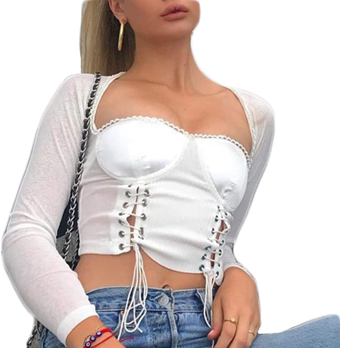 Women's Square Neck Bandage Tops Sweetheart Long Sleeve Vintage Style Blouse Shirt