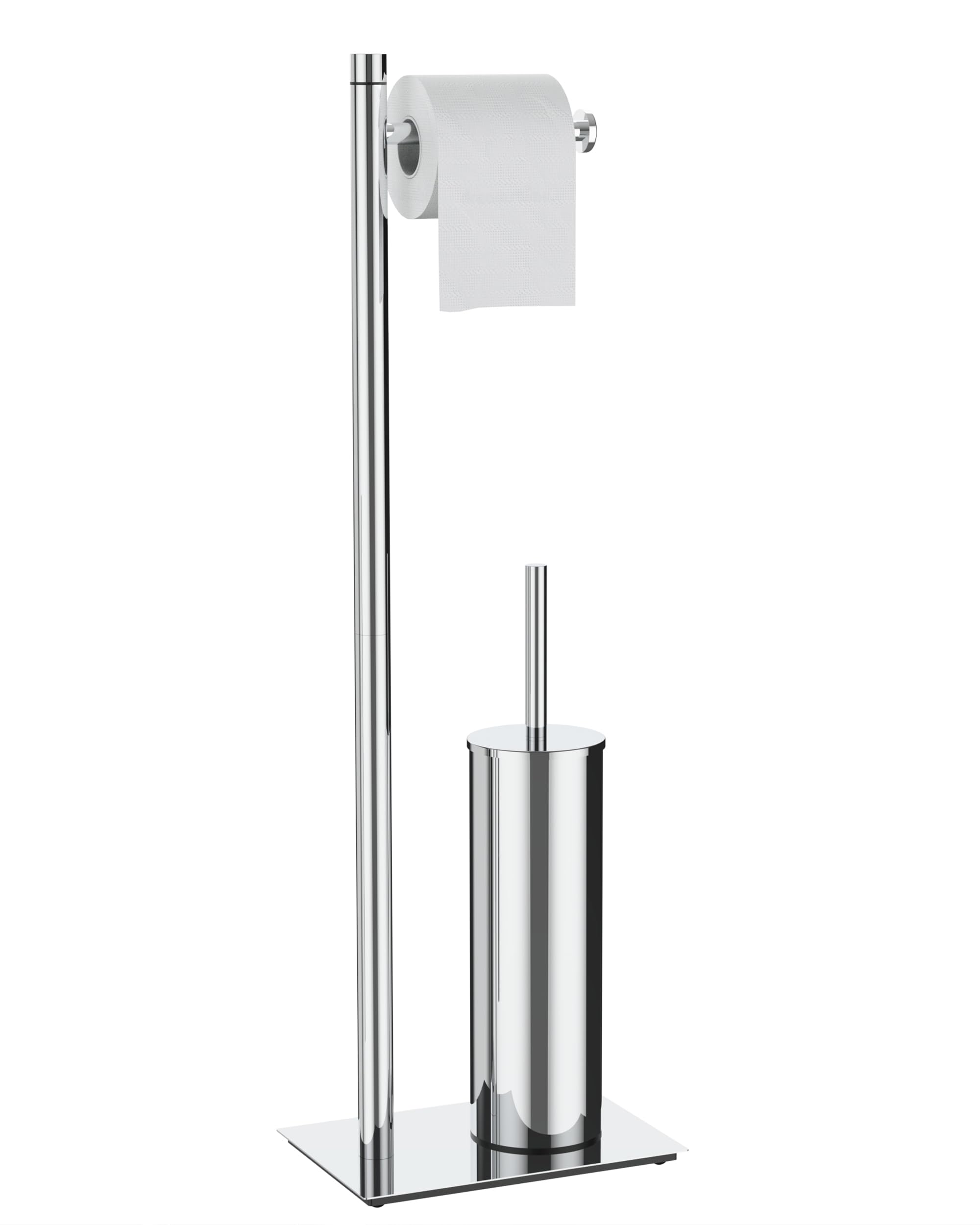 WZRUA Freestanding Toilet Roll Holder and Toilet Brush Holder Set, Chrome 304 Stainless Steel Toilet Paper Holder Stand, Anti Overflow Free Standing Toilet Brush Holder