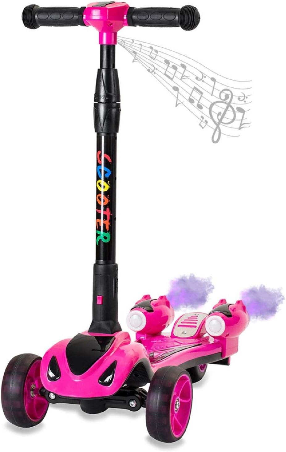 Glare Wheel Original Rocket Kids Kick Scooter, Music, 3 Color Lighted Wheels, Spray Vapor - Just Add Water, Sturdy Steering Handlebar, Stable Board, Adjustable Height & Folding Design