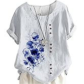 Women's Cotton Linen Tops Ladies Button Boho Floral Printed Crewneck Short Sleeve Shirts Summer Vacation Blouse