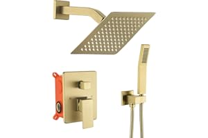JOYWELL Shower Faucet Brushed Gold Shower System 8 Inches Rain Shower and Handheld Shower Combo,2-Function Shower Fixtures Included Shower Trim Kit