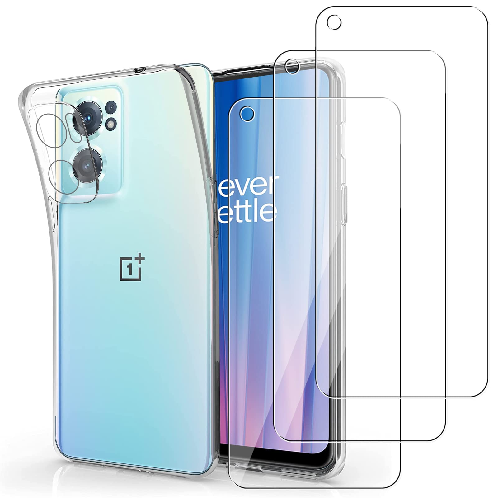 KZIOACSH Case for OnePlus Nord CE 2 5G with 3 Tempered Glass Screen Protectors, Slim Clear Soft TPU Shockproof Bumper Cover Anti-Scratch Anti-Fall Protective Phone Case for OnePlus Nord CE 2 5G