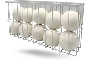 ENUKYCOM 10 XL Wool Dryer Balls Laundry Reusable from New Zealand Wool & Magnetic Dryer Ball Holder - Laundry Wool Dryer Balls Storage Containers: Easy Install Without Tools, Magnetic Basket for Dryer Balls