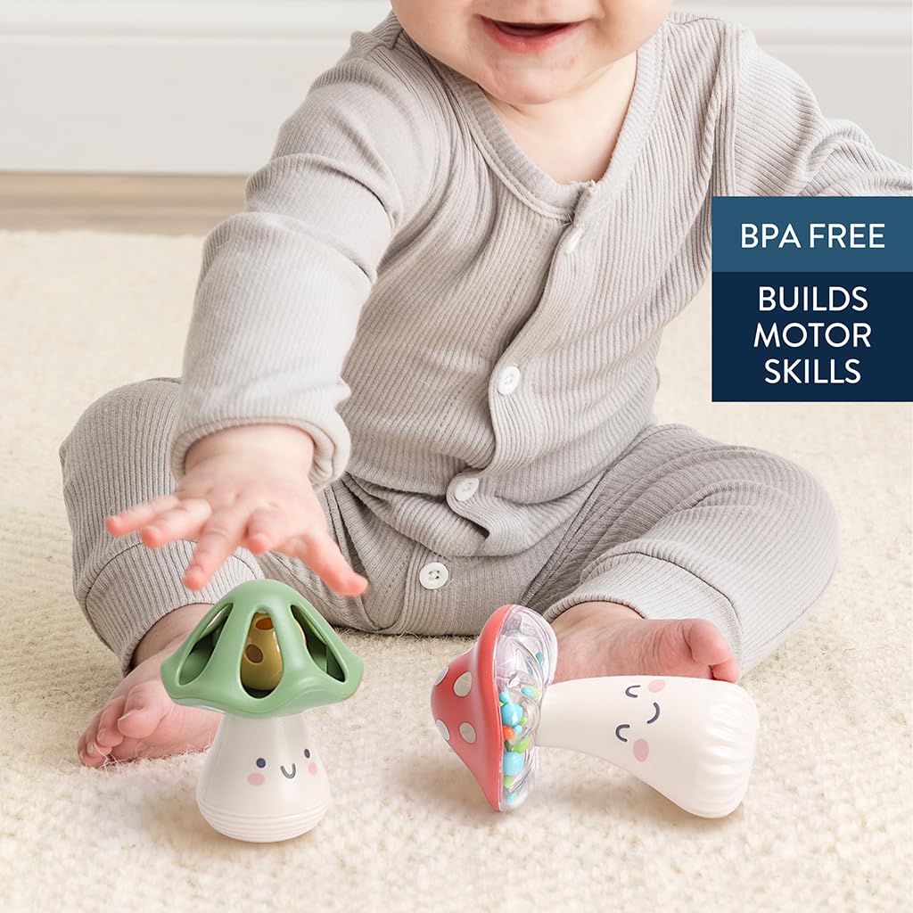 Itzy Ritzy Mini Maracas Musical Rattle Toy – Sensory Baby Toy with Rattle Beads & Jingle Ball for Motor Skills & Auditory Development – for Ages 0 Months and Up (Mushroom)