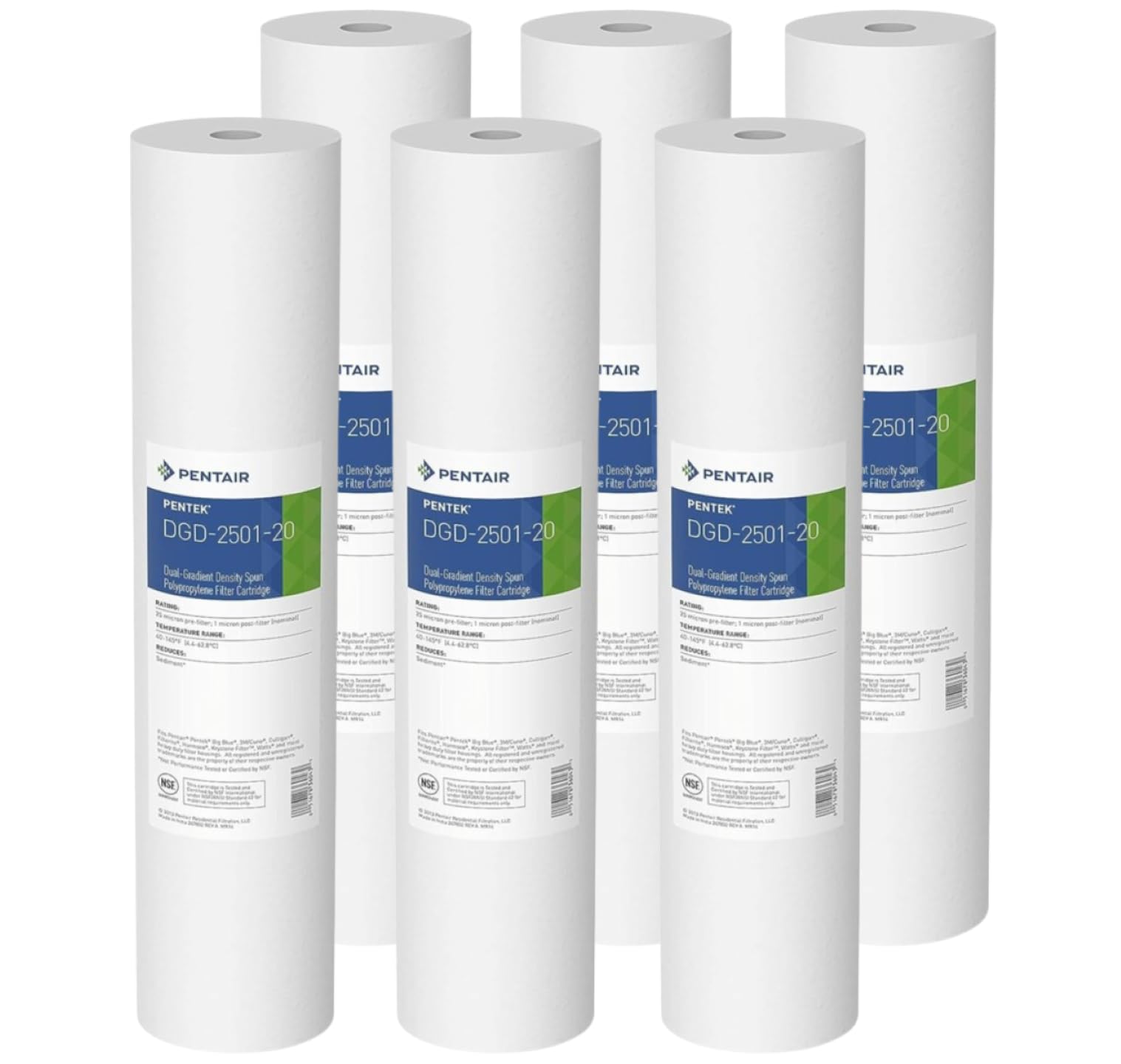 Pentair Pentek DGD-2501-20 Big Blue Water Filter, 20-Inch Whole House Sediment Filter Cartridge Replacement, Dual-Gradient Density Spun Polypropylene, 20" x 4.5", 1 Micron, Pack of 6, White Image