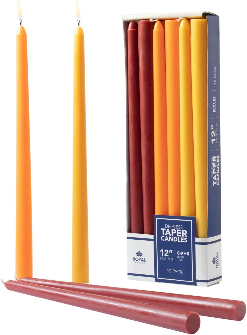 Candles & Holders - Royal Imports Unscented Taper Candles, Tall Elegant Premium, Dripless & Smokeless, Hand-Dipped for Wedding, Christmas, Holiday, Home Decor - 9 Hour Burn Time - Set of 12 (12 Inch, Red/Orange/Yellow)