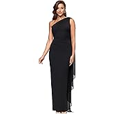Xscape Womens Scuba Crepe Asymmetrical Neck and Chiffon Sash Floor Length Dress