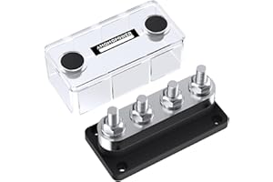 AMOMD 600A High Current Bus Bar Nickel Plated Copper Distribution Block with 4 Studs (3/8 inch) M10 Ideal for Negative Electrical Battery Ground Buss Bar with Cover 300 V AC/12-48 V DC (Black)