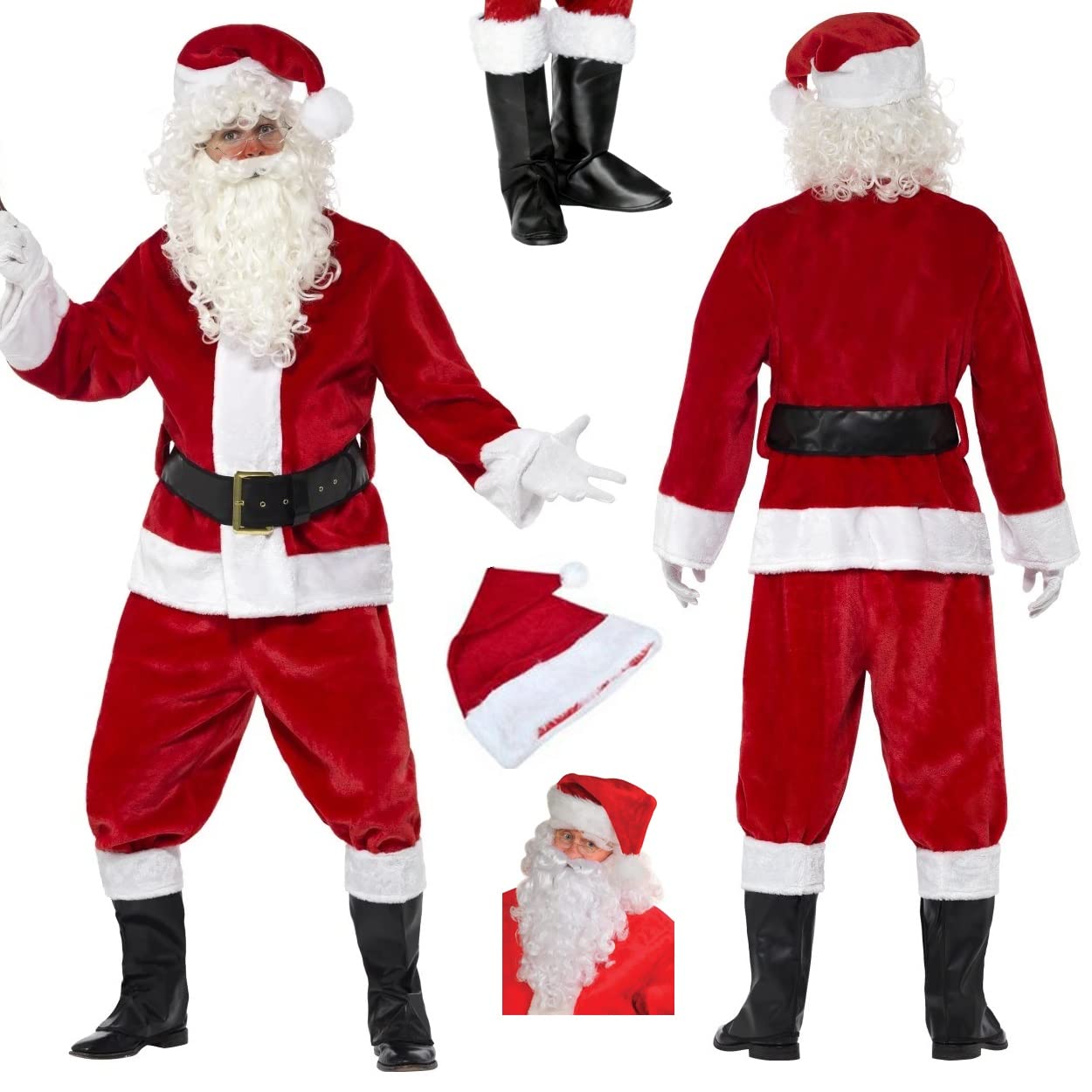 SHATCHI Christmas Santa Claus Suit Adult Premium Plush Mens Cosplay Costume Complete Outfit Fancy Dress Father Christmas Party Clothes XL